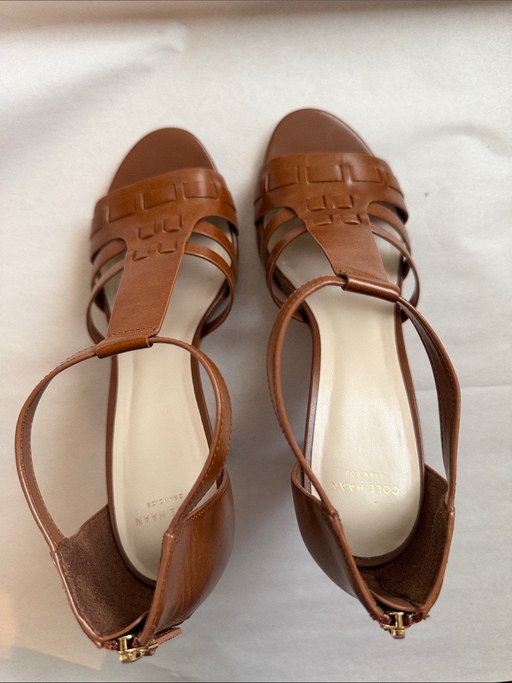 Cole Haan Tan Brown Leather Strappy T-Bar Sandals